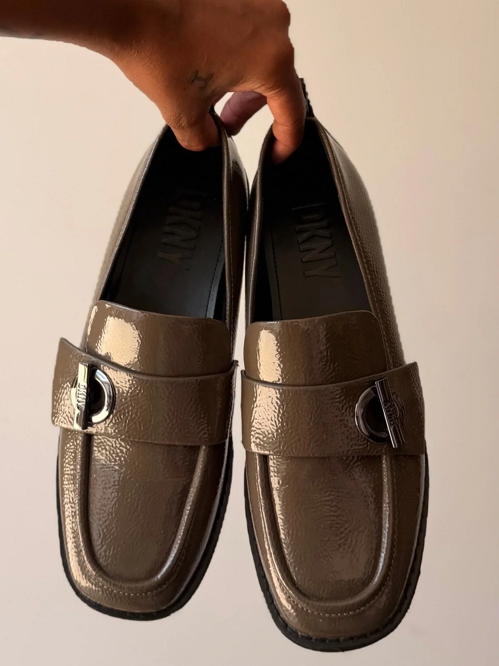 DKNY Glossy Taupe Brown Penny Loafers with Silver Bit